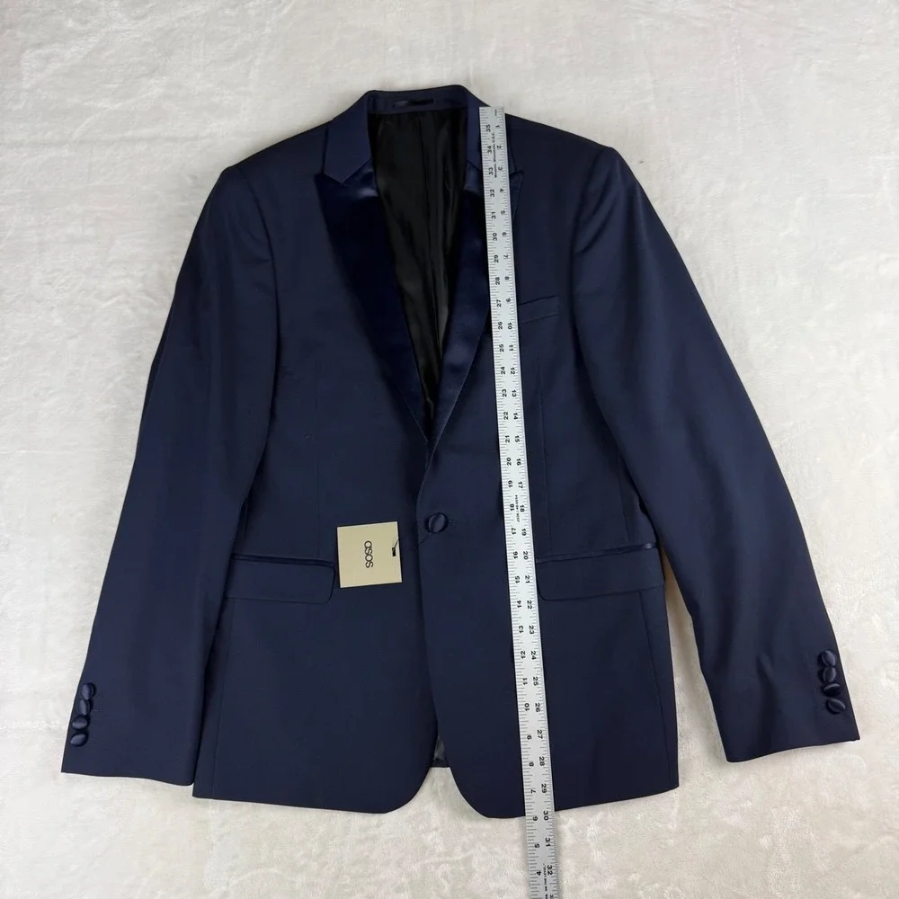 ASOS Tuxedo Blazer Mens 40 Navy Blue Satin Peak Lapel Formal Jacket Prom Wedding